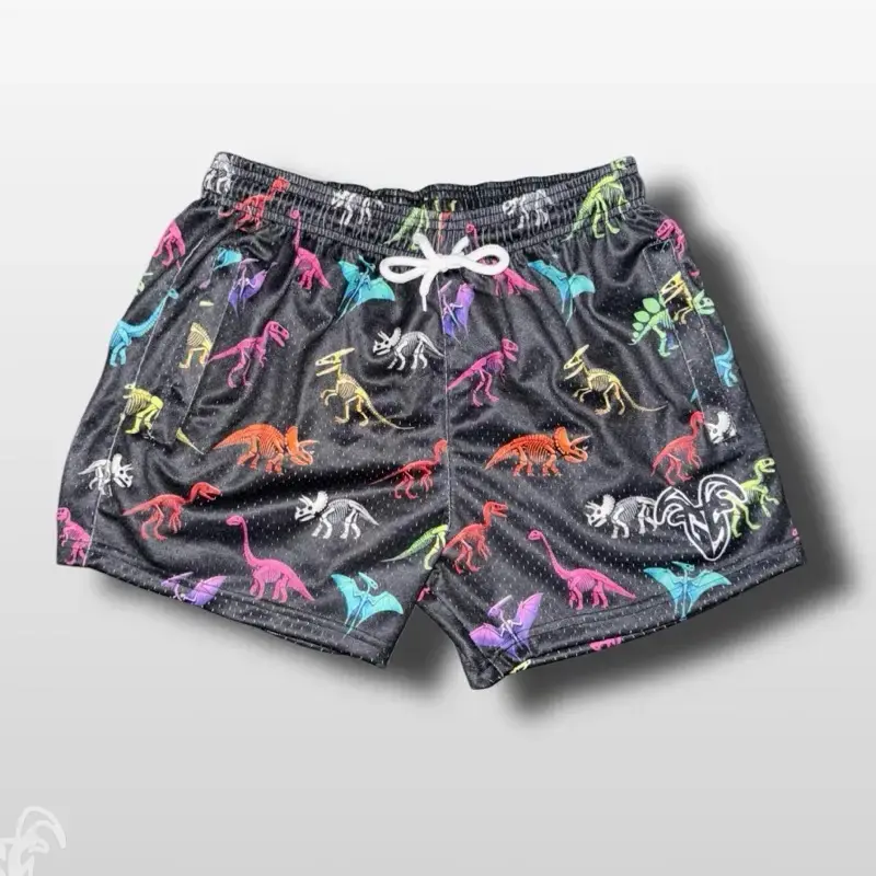 GOAT Colorful Rainbow Dinosaur Skeleton Mesh Shorts Skeletal Print Loose Fit Gym Athletic Casual Unisex Streetwear Workout All Season Breathable Comfortable Dino Rave Festival Sport Short Summer Beach Quick Dry Short