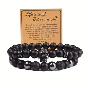 Black Obsidian Bracelet with Wish Card - Skull Bracelet - Tourmaline Beaded Bracelets - 8MM Black Onyx Hematite Lava Stone Beads Triple Protection Bracelet For Men Women Gifts