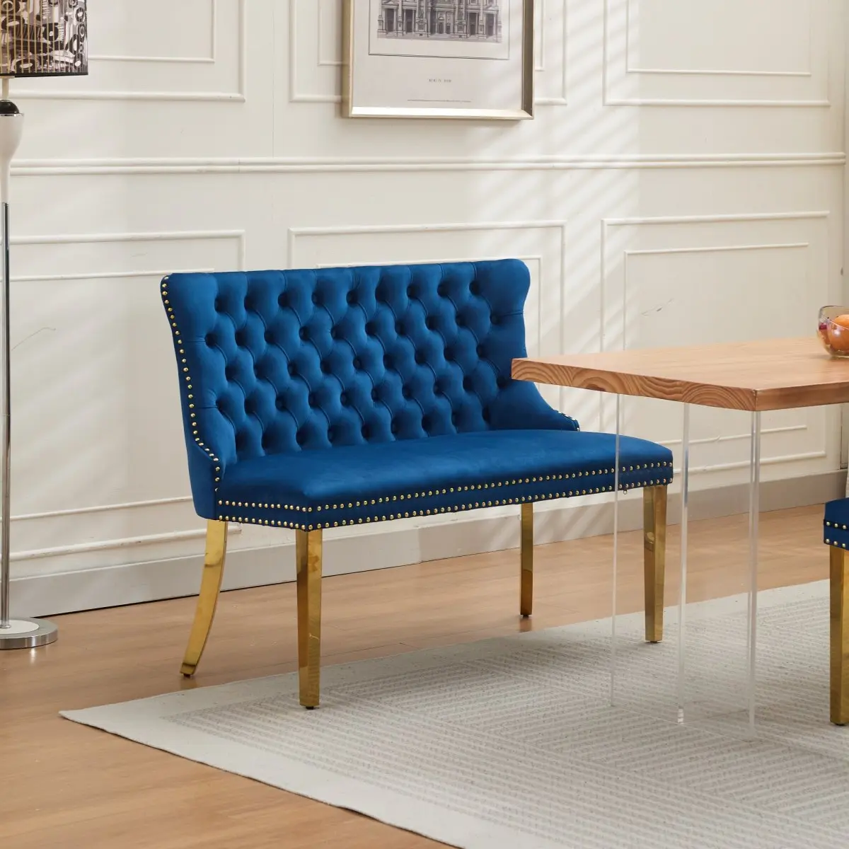 Soft Velvet 2-Seat Tufted Dining Loveseat Bench - Comfortable Velvet Upholstery, Winged Back, Handmade Tufted Buttons, Gold-Plated Stainless Steel Legs, Mid-Century Modern, for Friends & Family Meals, Practical 2-Seat Space, Blue, Single Pack, SW1602BL, P