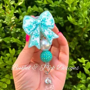 Bushel & Peck Designs Teal Coquette Bow Badge Reel Medical Retractable with Clip Hand Glittered Acrylic Blank 2.0"