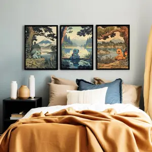 Charmander Bulbasaur and Squirtle Posters, Japanese Style Anime Wall Art, Living Room and Bedroom Decor, Unframed Print