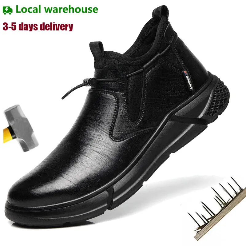 Men's Steel Toe Safety Footwear - Lightweight Leather & Mesh Slip-On Work Shoes, Puncture-Proof, Anti-Slip, Breathable Mesh Ventilation, EVA Cushioned, All Seasons, for Construction & Outdoor Workers, Minimalist