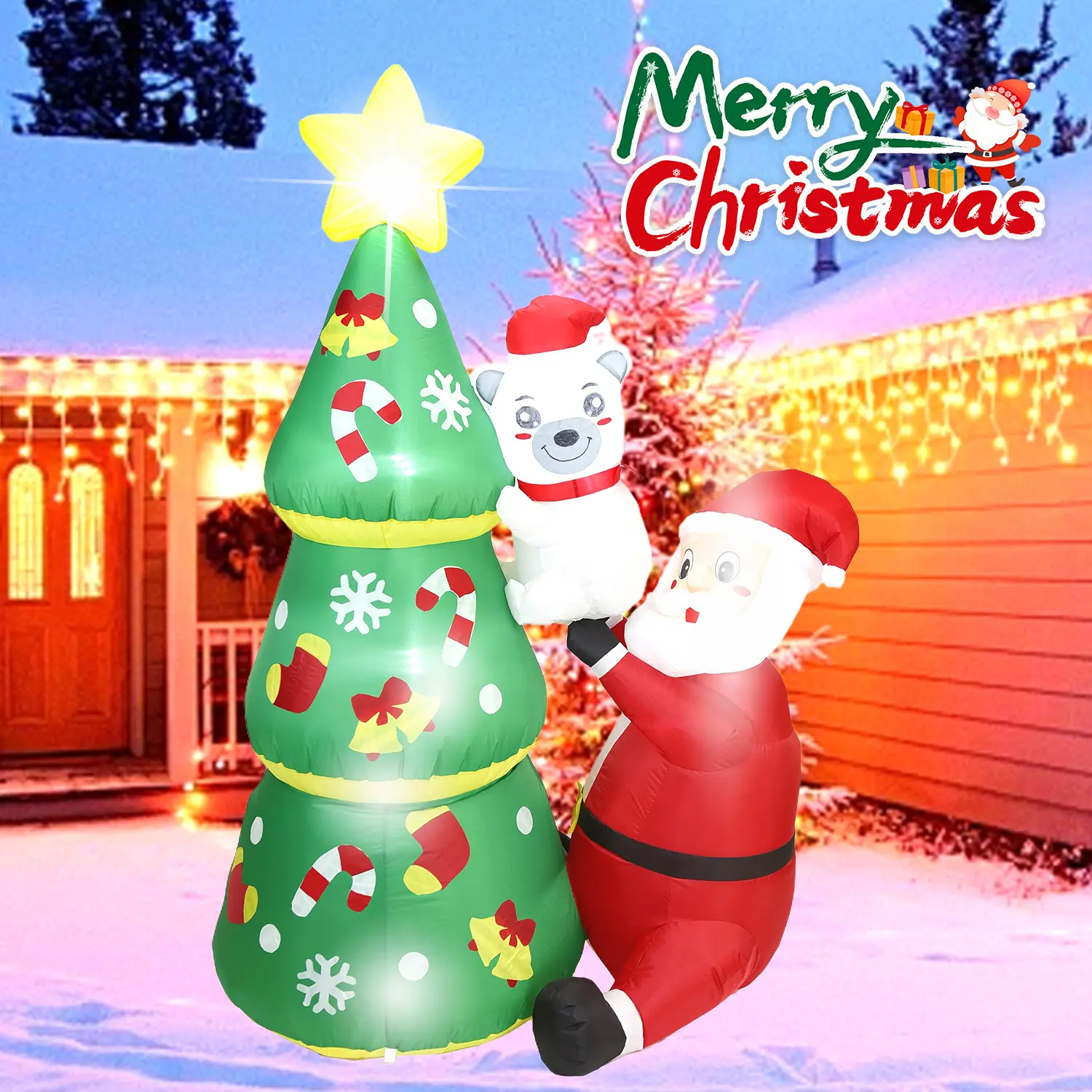 6.2FT Lovely Christmas Inflatable Tree with Santa Claus and Polar Bear, Animated Blow up Christmas Inflatable Tree with Santa&Bear Build-in LED Lights Indoor Outdoor Party Yard Decors