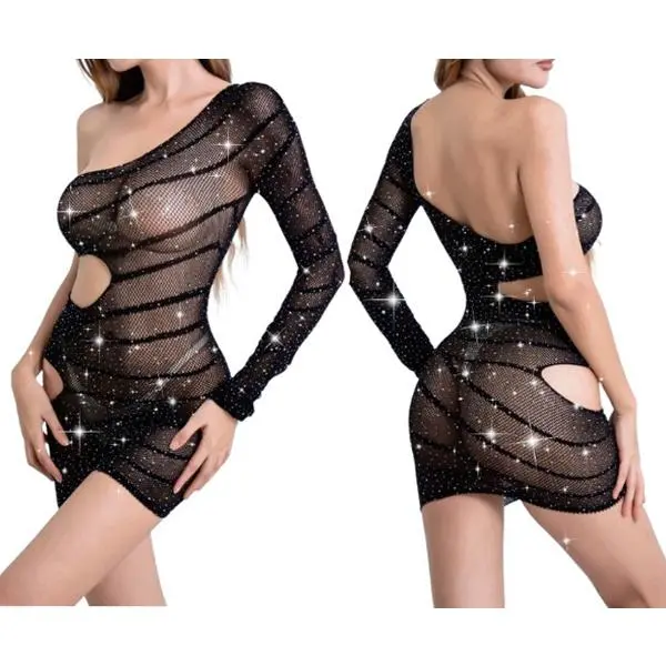 Plus-Size Lingerie Bodysuit, Sexy Metallic Glitter Cut-Out Jumpsuit with Single Rhinestone Mesh Sleeve, Perforated Single Sleeve Rhinestone Mesh, Sequins, Glam, Sparkling Sequins, Sheer Effect, Sequin, Piece