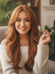 Women's 24 Inch Long Wave Wig (rusty Color), Curly Design with Bangs, Heat Resistant Synthetic Fiber, Suitable for Daily & Party Wear, Synthetic Hair Wig, Synthetic Wavy Wig