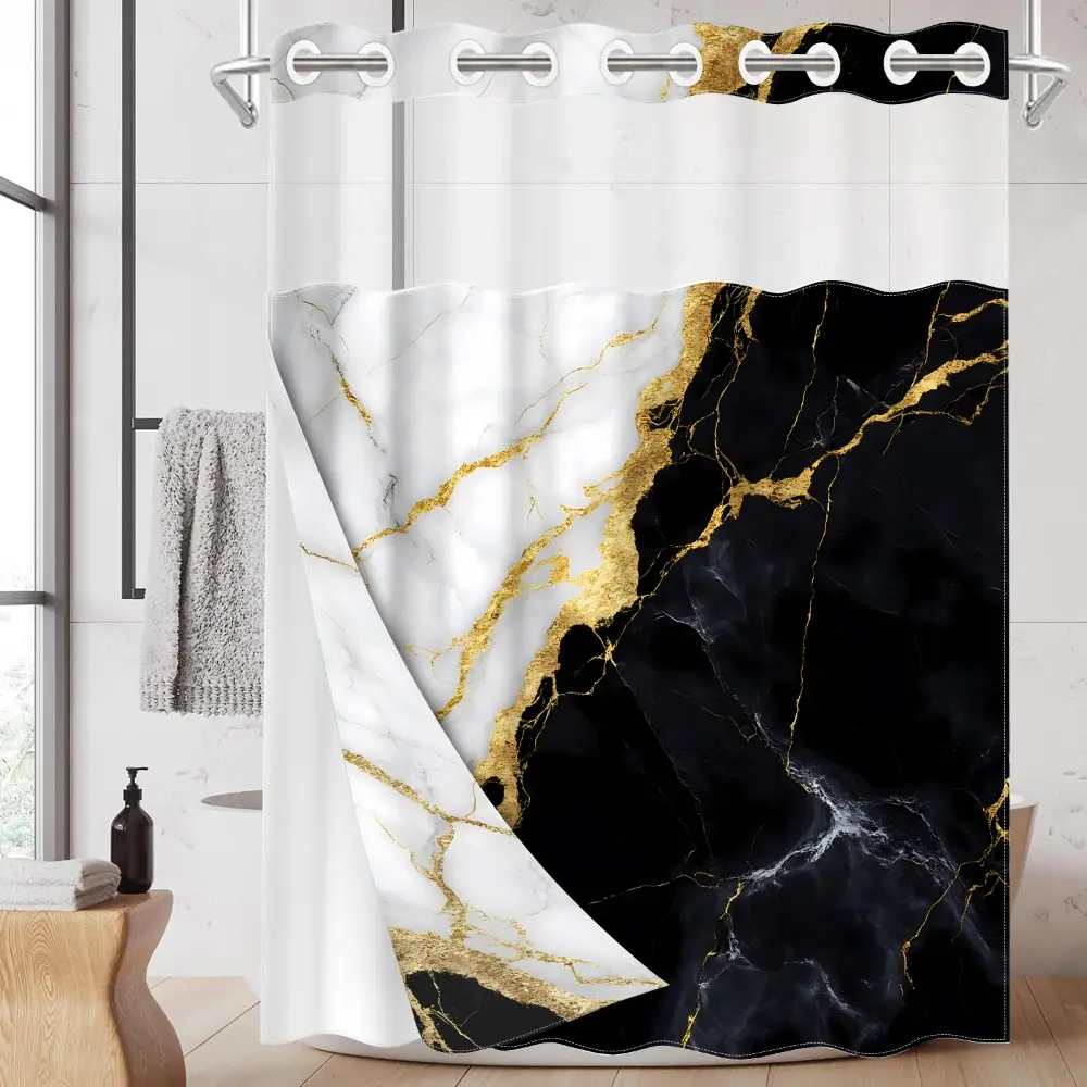 1PC/4PCS 2D Flat Printing Black and White Gold Marble Texture Splicing Patterned Printed Shower Curtain set with 12 hooks, Home Goods, home bathroom decoration accessories, non-slip bathroom rug, U-shaped toilet seat cover