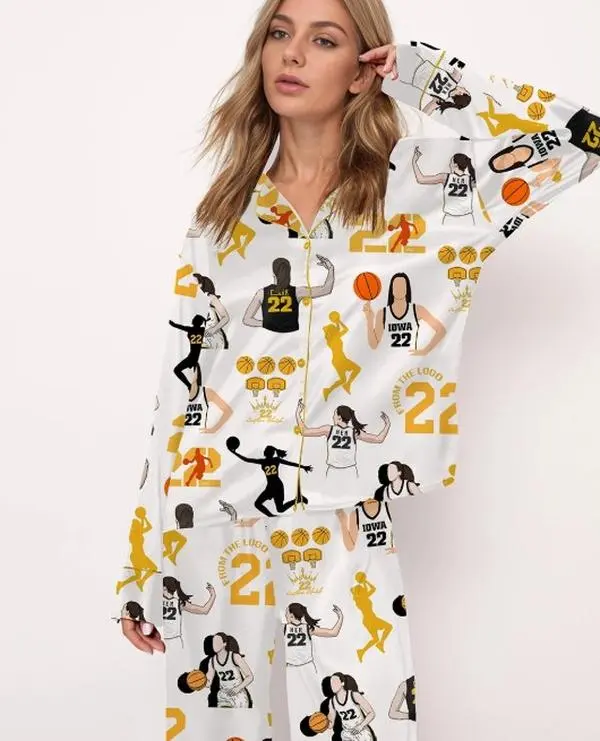 MVP Jersey Print Pajama Set, Satin Pajama Set 2025, Basketball Satin Pajama 2025 Women's Two-piece  Long Pajamas Set, Casual Comfy Long Sleeve Top & Long  Pajamas Set, Ladies Sleepwear for Summer