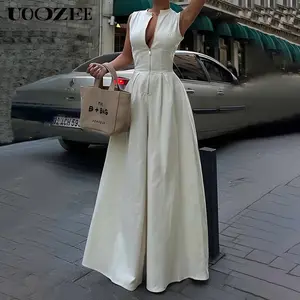 UOOZEE Women's High-Waist Loose Spandex Jumpsuit - Fashion, Lady, Simple, Comfortable, Basic, Light, Sleeveless, V-Neck, Solid Color, Zipper Closure, Pockets, Multi-Color, All-Season, Casual Wear (Full Bust Recommend Larger Size)