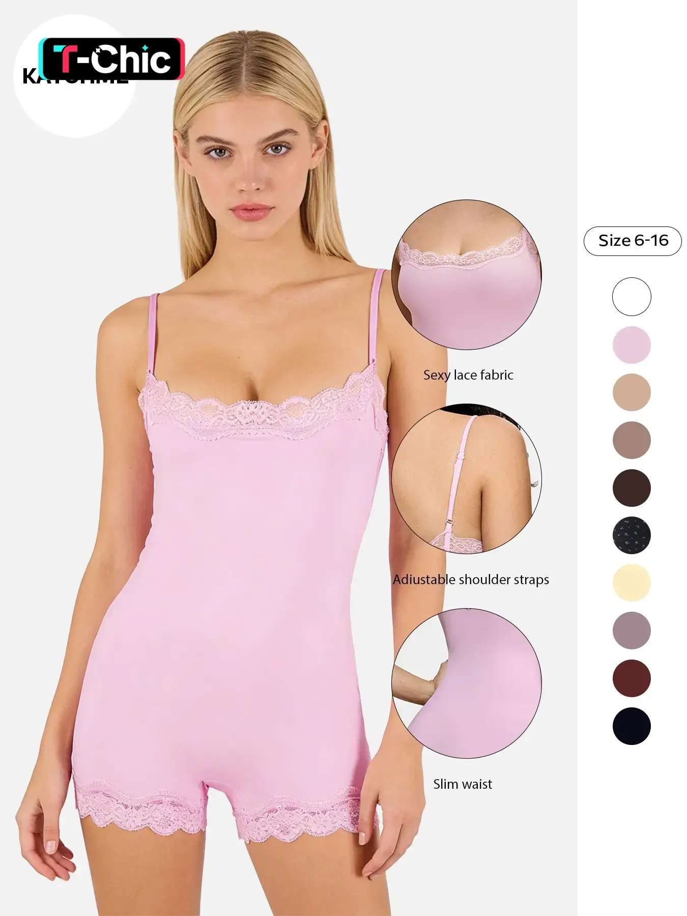 KatchMe Women's Basic Solid Color Spaghetti Strap Lace Trim Seamless Bodysuit Hot Lace Bodysuit Fitted Shapewear, High Stretch Shapewear Body Shaper