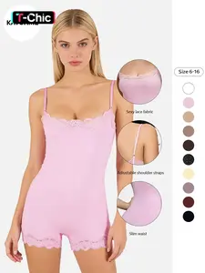 KatchMe Women's Basic Solid Color Spaghetti Strap Lace Trim Seamless Bodysuit Hot Lace Bodysuit Shapewear, High Stretch Shapewear