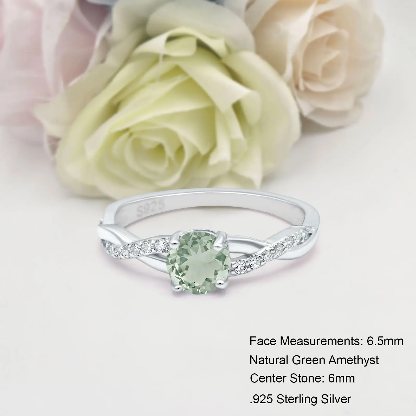 Twisted Split Shank 0.84 Carat Natural Green Amethyst Prasiolite Ring Bridal Band Wedding Round Shape Ring 925 Sterling Silver 6.5mm