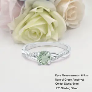 Twisted Split Shank 0.84 Carat Natural Green Amethyst Prasiolite Ring Bridal Band Wedding Round Shape Ring 925 Sterling Silver 6.5mm