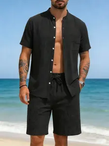 Summer Men's Linen Breathable Open Front Stylish Shirt Set, Short Sleeve Top & Beach Shorts, Casual 2-Piece, Comfortable Summer Wear