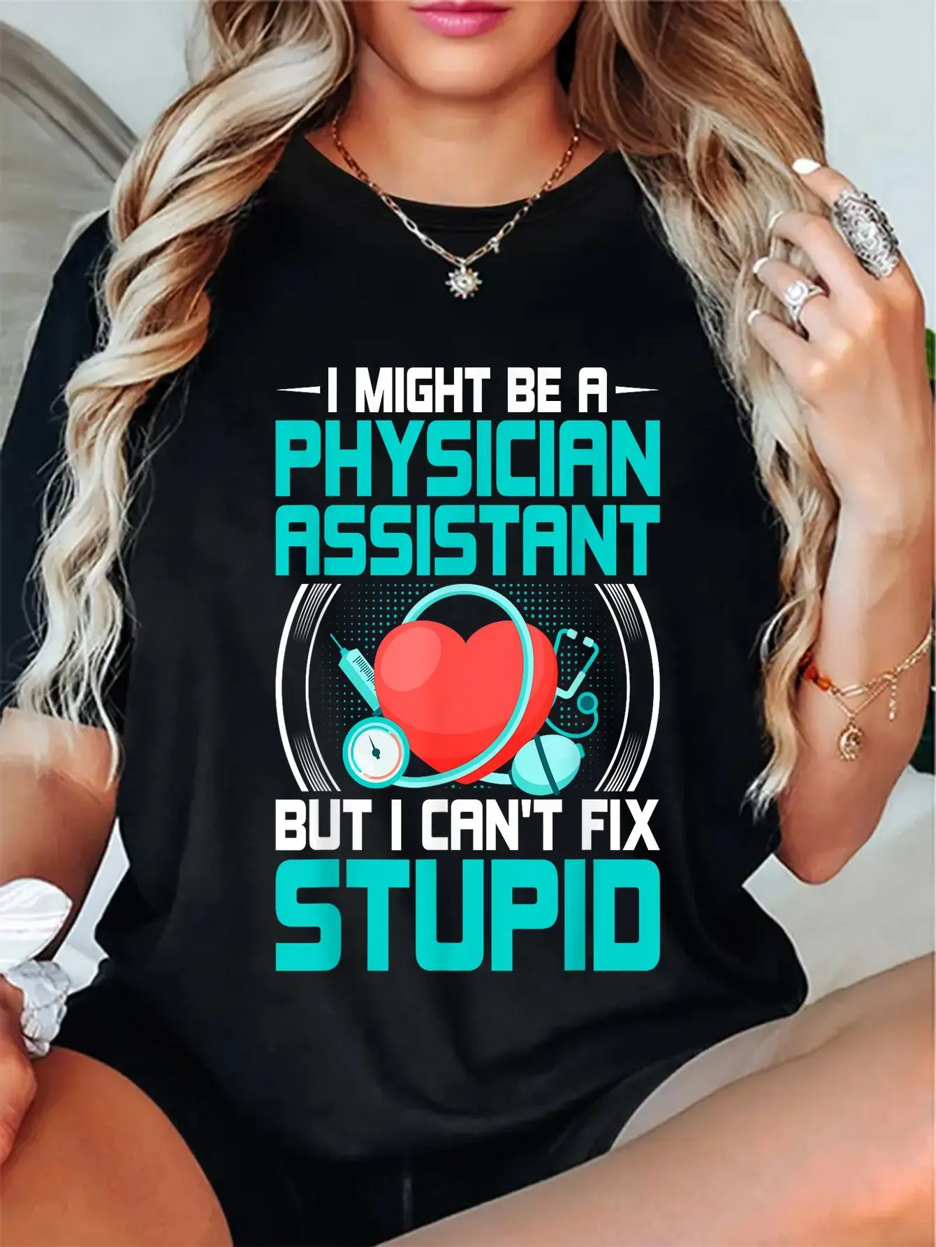 Women's Cute Physician Assistant 100% Cotton T-Shirt - Casual Short Sleeve, Breathable Round Neck, Loose Relaxed Fit, Graphic Check Print, High-Res Digital Print, Soft, Machine Washable, Streetwear Vibe, All Seasons - Check Size Chart