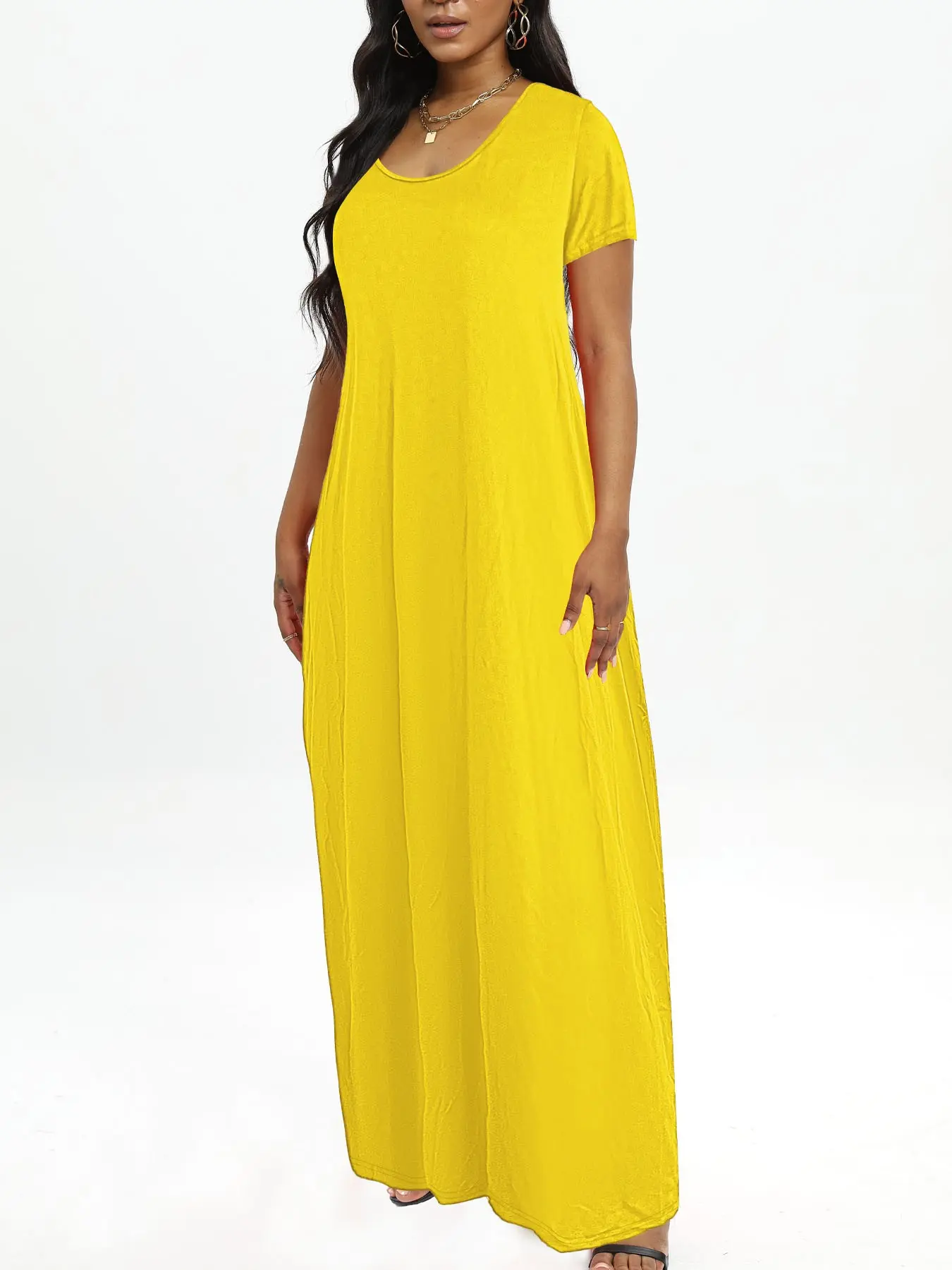 Plus Size Loose Solid Color Maxi Dress, Women, Womenswear, Short Sleeve,  Scoop Neck, Curvy Casual Wear, Tummy Hiding, Side Pockets, Fit - TikTok Shop