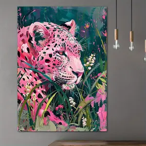 Pink Leopard Print Canvas Art Wall Art Decor - High-Quality Animal Theme Poster for Home, Living Room, Bedroom, Office, Cafe Decoration - Ideal Gift for Wildlife Enthusiasts