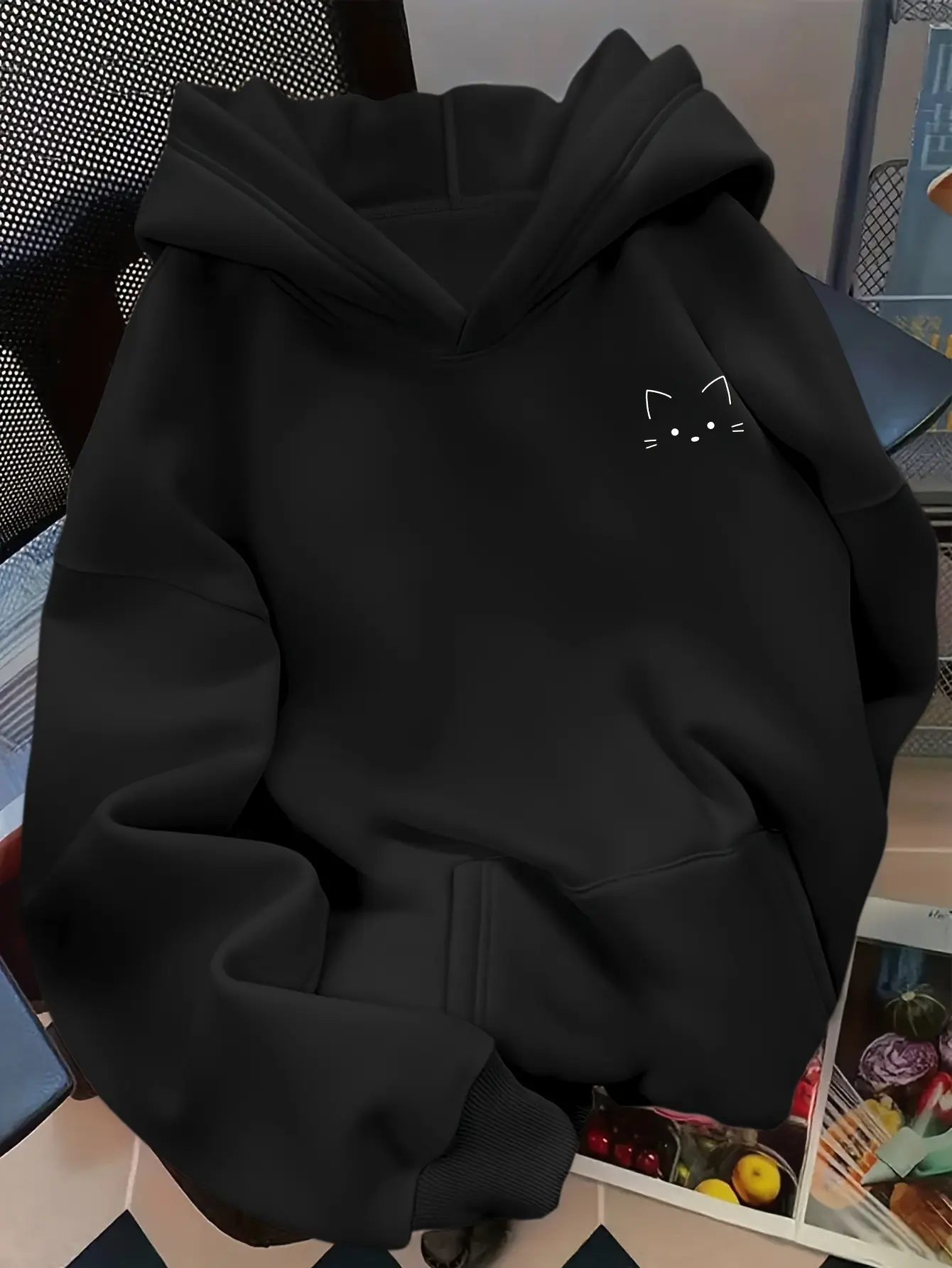 [Women's Cat Print Hoodie] Women's Hooded Sweatshirt - Trendy Creative Minimalist Cute Cartoon Cat Chest Print - Fashionable Loose Autumn Winter Casual Sweatshirt