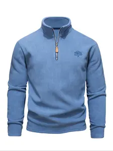 Men's Solid Zip Up Half Placket Fleece Sweatshirt, Regular Fit Casual Long Sleeve Stand Collar Pullover for Outdoor Hiking, Sportswear for Fall & Winter, Athletic Training Apparel, Athletic Top