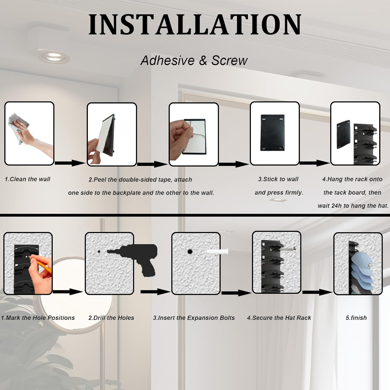 1 ps 10 Hat Organizer for Baseball Caps, Hat Rack for Wall with Strong Adhesive, Cap Organizer for Door, Bedroom, Closet (Black)