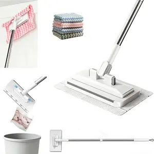 Snap Grip Mini Flat Mop with Long Handle - Soft, Water Absorbent Cotton Pad Wet/Dry Cleaner, No-Touch Disposable Design, Locking Head, 1 Mop + 10 Random-Color Pads for Corners & Tight Gaps, Home Cleaning Supplies