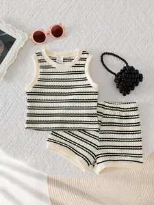 Baby girl's Striped Breathable Knit Vest Shorts Set, Sweet Fashion Design, Perfect for Vacation Wear, Comfortable and Stylish