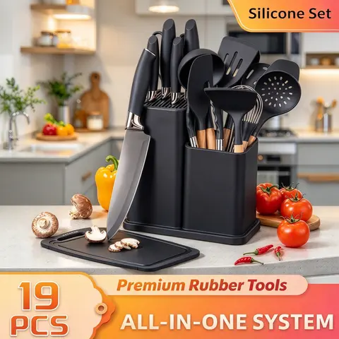 Women's 19-Piece BPA-Free Nonstick Kitchen Knife & Cookware Set - Home Baking Use, High-Temperature Resistant Silicone Utensils, Cool-Touch Wooden Handle, Chef's Knife, Spoon, Basting Brush, Deep Soup Ladle, Pink (Black Friday Deal, Valentine’s Gift)