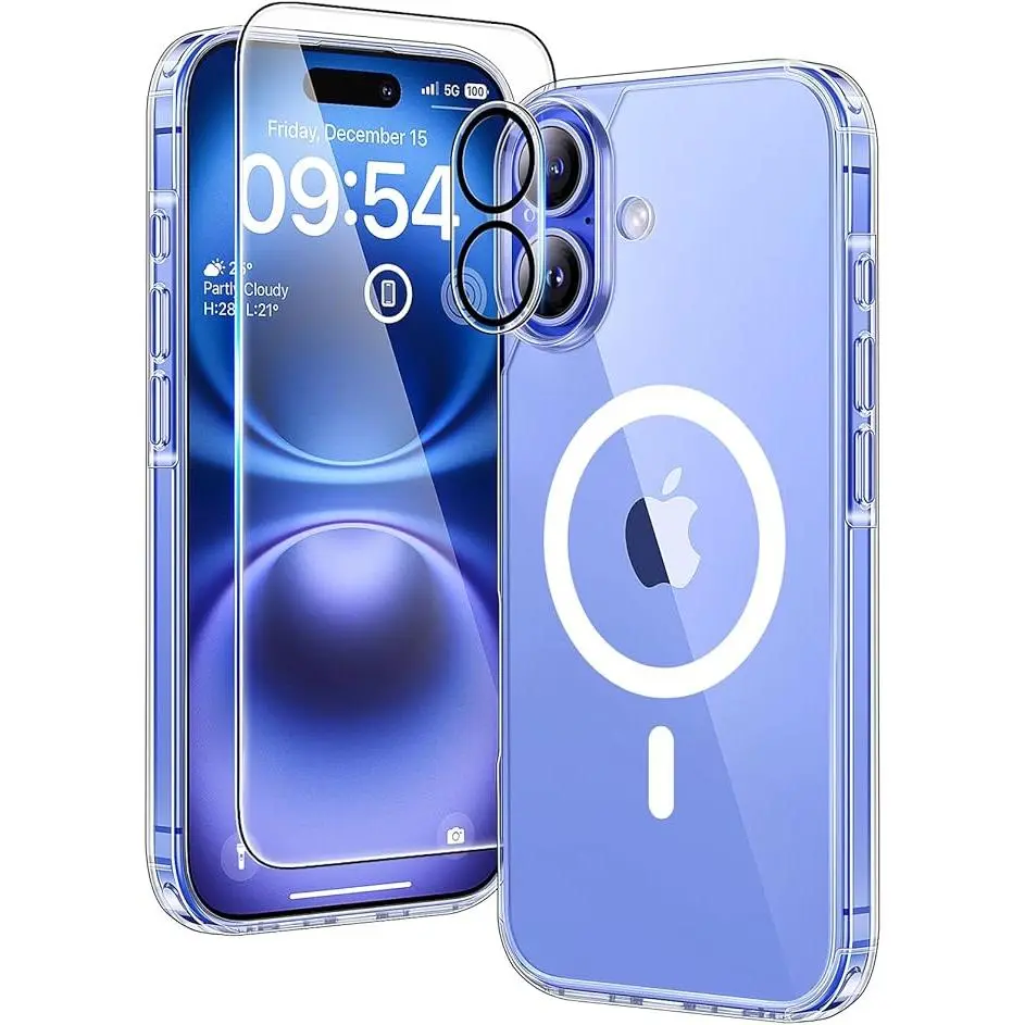 Entronix Case for iPhone 16, Plus, Pro Max, Clear Magnetic Cover, Camera Lens & Tempered Glass Screen Protector, Accessories Shockproof