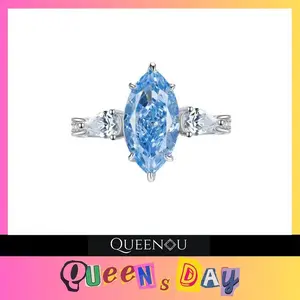 【964】October QUEENSDAY Blue Marquise 4ct Cubic Zirconia Ring with Teardrop Accents & Pavé Band Six-Prong Setting for Women Elegant Jewelry