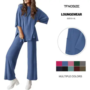 TFNOSIZE  Women's Summer Outfit Lounge  two piece set Loose Tracksuits Set Outfits Short Sleeve Pullover Tops Split Hem Wide Leg Pants Lounge Sets Pjs Womenswear