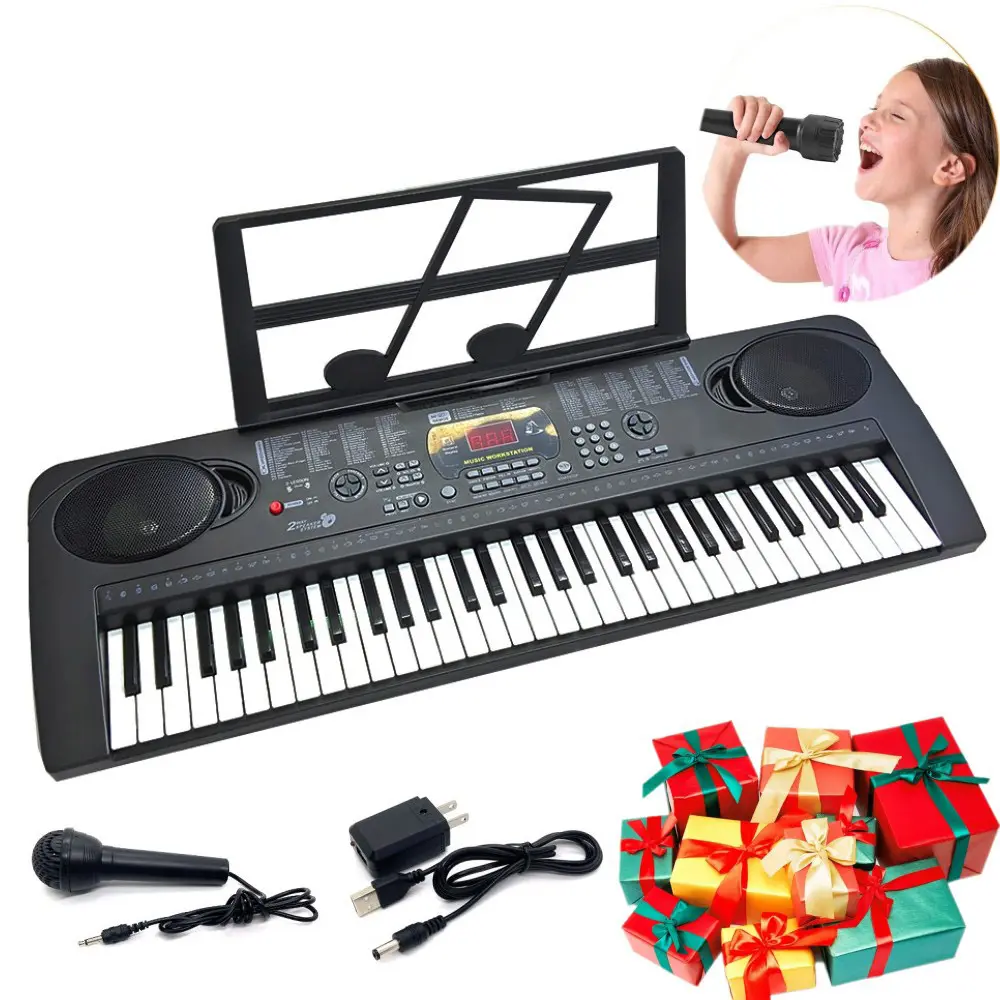 Multifunction 61-Keys Pro Digital Electronic Piano Keyboard, Kids Musical Instrument with Mic & Music Stand, Christmas Gift for Boys & Girls