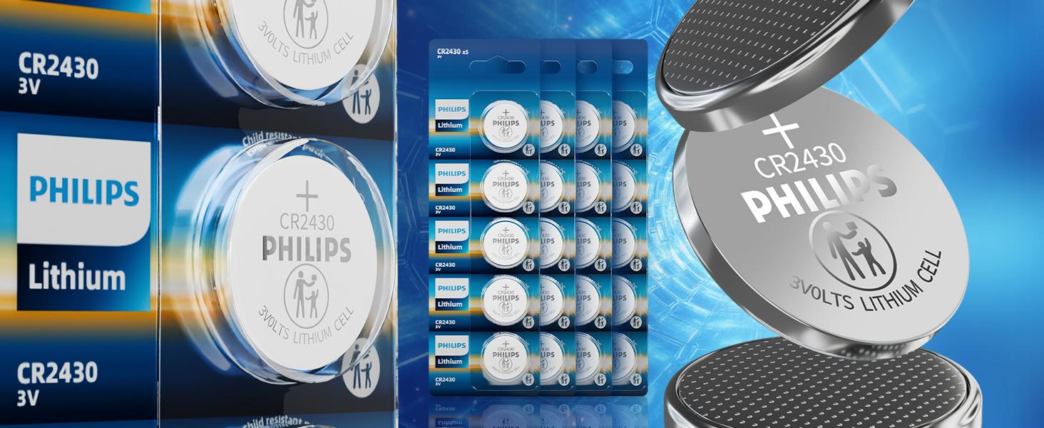 PHILIPS CR2430 3V Lithium Coin Battery (5-Pack) - CR2430 Battery for TPMS, Intelligent Door Lock, Key Remote Control, Medical Devices, Industrial Sensors