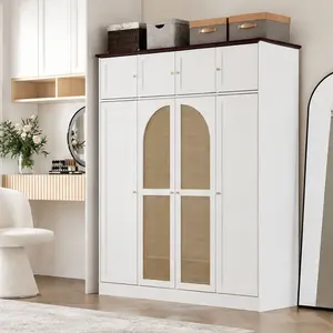 ARCH 70.87-Inch Tall 8-Door Large Capacity Armoire Wardrobe Closet with Hanging Rod, Adjustable Shelves and Rattan Decorative Doors, MDF Clothing Storage Cabinet for Bedroom, Walk-in Closet, Living Room, White/Natural Color Options