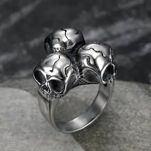 Men's Stainless Steel 3-Skull Stackable Ring - Gothic Grunge Dark Aesthetic Ring, Geometric Shape, for Daily Casual Wear, Halloween Gift, Dark Aesthetic Rings, Stackable Rings