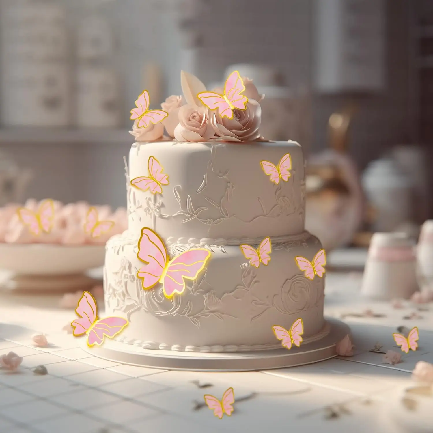 60Pcs Elegant 3D Paper Butterfly Cupcake Toppers - Mixed Sizes, Pink-Purple-Gold Colors, Vibrant Design, Home Supplies Cake Ornaments for Kids' Birthday, Baby Shower Parties (Fruit & Live Butterfly Themed Decor)