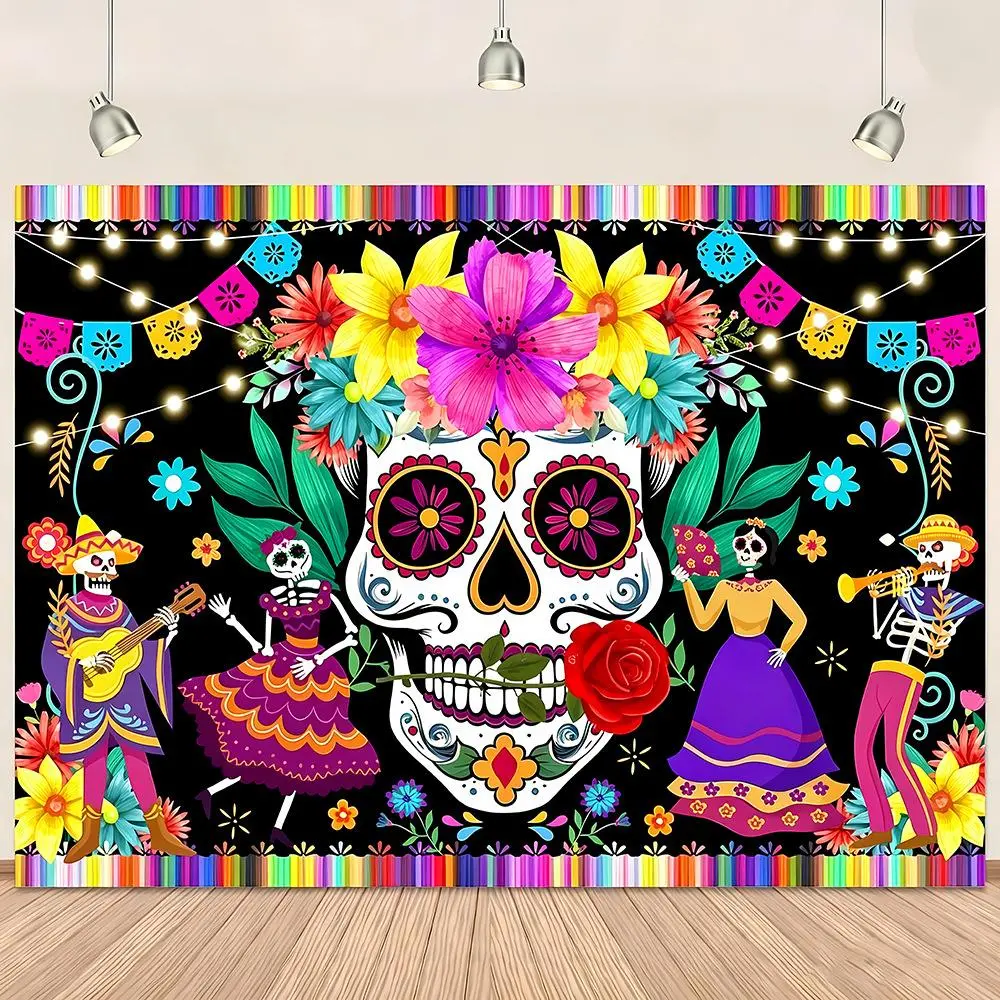 30-Style Mexican Day of the Dead Polyester Hanging Banner Tapestry, Floral Sugar Skulls Skeleton Papel Picado Print Background Cloth, Waterproof Halloween Indoor-Outdoor Wall Hangings Decor