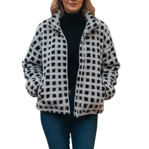 Women's Fleece Jacket Fashion Long Sleeve Stand Collar Zip Up Checkered Jacket Fall Winter Outwear