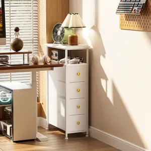 Dresser with Bins Storage Tower with 4 Fabric Drawers, Slim Dresser Chest of Drawers with Steel Frame, Wood Top, Golden Knobs, White Dresser for Bedroom, Bathroom, Small Spaces, Laundry, Closet, White