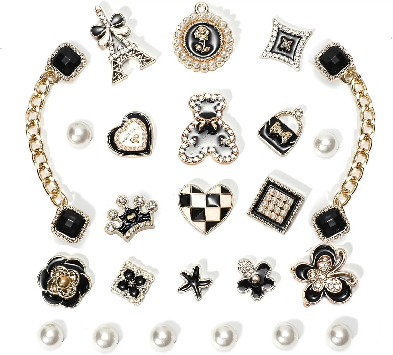 Black Bling Shoe Charms for Women, Sparkling Rhinestone Decorations, Girly Metal Chains for Clog Sandals, DIY Jewelry Accessories, Favors