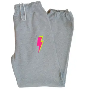 Neon Pink Lightning Bolt Sweatpants for Women, Grey Oversized Sweatpant, Summer California Surfer Outfit, Vacation Outfits, Comfortable Preppy Pants, Cozy Loungewear, Trendy Women's Joggers, Travel Airport Looks, 50 Cotton 50 Polyester Athleisure Bottoms