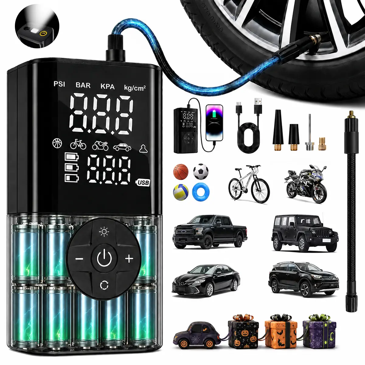 7-in-1 Wireless Tire Inflator - Tire Inflation Tool with Digital Dual Value Display, 150 PSI, 3-Mode Bright LED Flashlight, 2000mAh Power Bank, 8-Minute Ultra-Fast Speed, Cordless Battery-Powered for Roadside Help