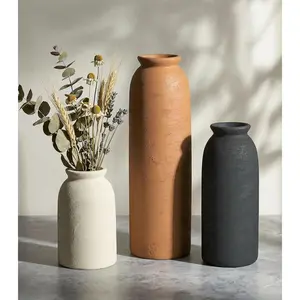 Ceramic Vase Set of 3, Small Flower Rustic Vases Home Table Decor, Modern Farmhouse Neutral Boho Pampas Pottery Vases Decorative for Centerpiece Mantel Entryway Shelf Living Room Kitche