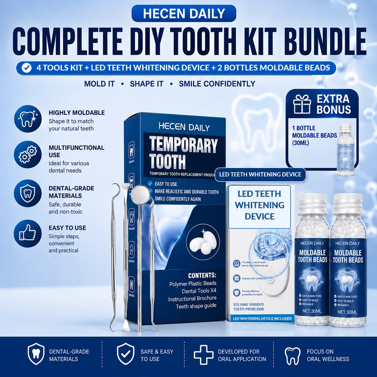 Moldable Temporary Tooth Kit Set with 4 Tools, DIY Tooth Beads Kit, Customizable False Teeth Filler Beads, Temporary Tooth Shape Kit for Cosplay Costume Props, Daily Oral Care Accessories