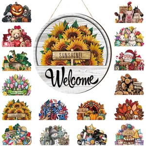17 Pcs 12 Inch Magnetic Welcome Door Sign Interchangeable Front Door Wreath Decor Rustic Seasonal Hanging Sign Easter Spring Decor for Home Warming Gift(Classic Color,Welcome)