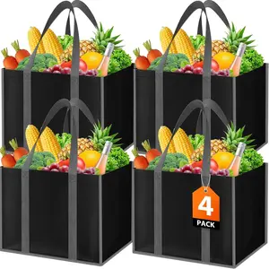 Reusable Grocery Bags [4 Pack] - Large Multipurpose Shopping Totes with Long Handles, Water & Stain Resistant, Foldable for Kitchen, Car Trunk (Black)