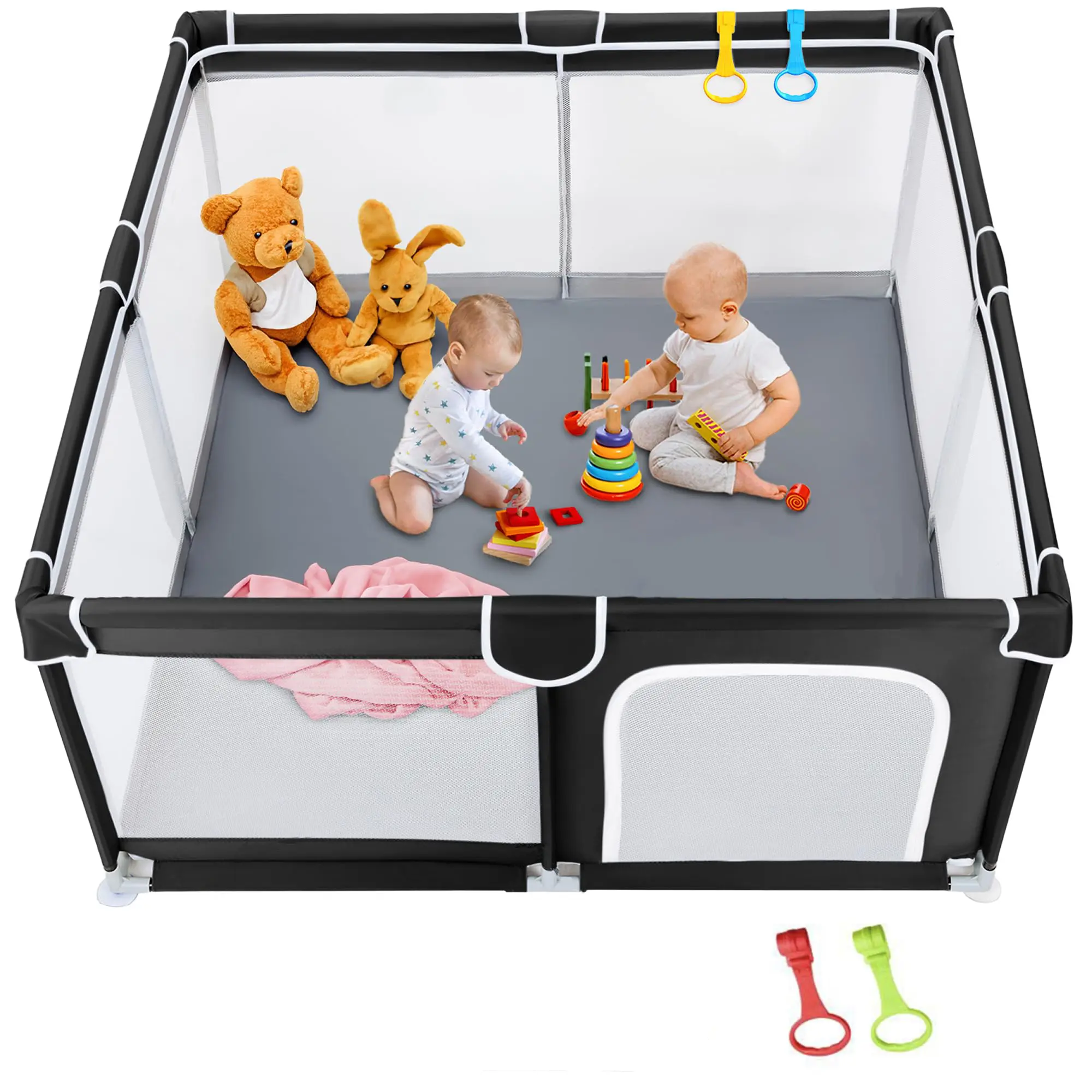 50"x50" Square Mesh Easy Assemble Playard for Babies, Sturdy Safe Playard & Fence Kid Playpen, Soft Activity Center Indoor Safety Enclosure, Easy to Clean (Black)