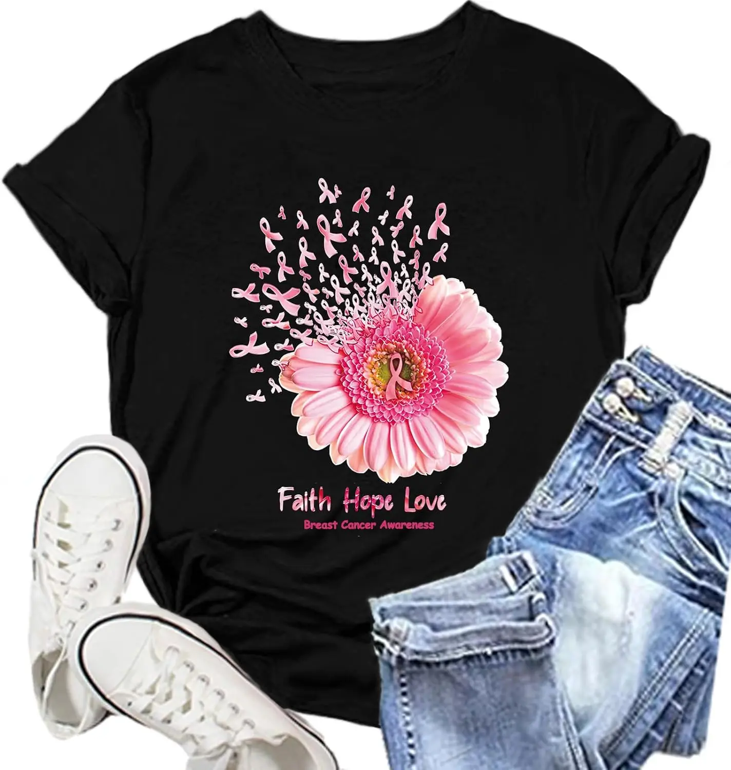 Women's Comfortable Short-Sleeve Fit Flower T-Shirt - Faith Hope Love Pink Daisy, Pink Ribbon, Breast Cancer Awareness Tops, Charity Walk Apparel, Inspirational Gift