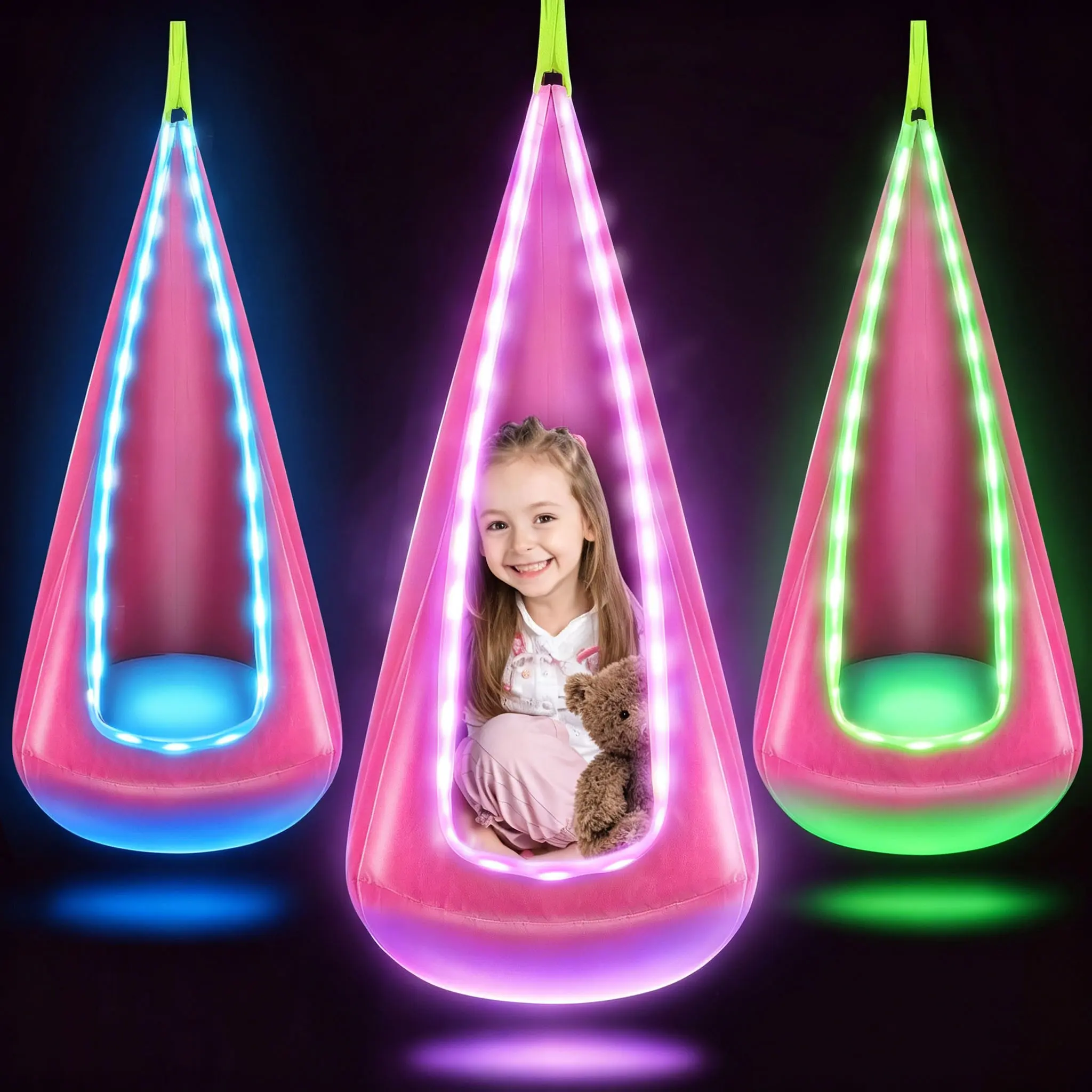 Light Up Kids Sensory Pod Swing Seat, LED Hanging Hammock Chair, Breathable Cotton Indoor Outdoor Sensory Swing for Autism ADHD Kids, Color Changing Remote Control Child Therapy Pod Swing Pink