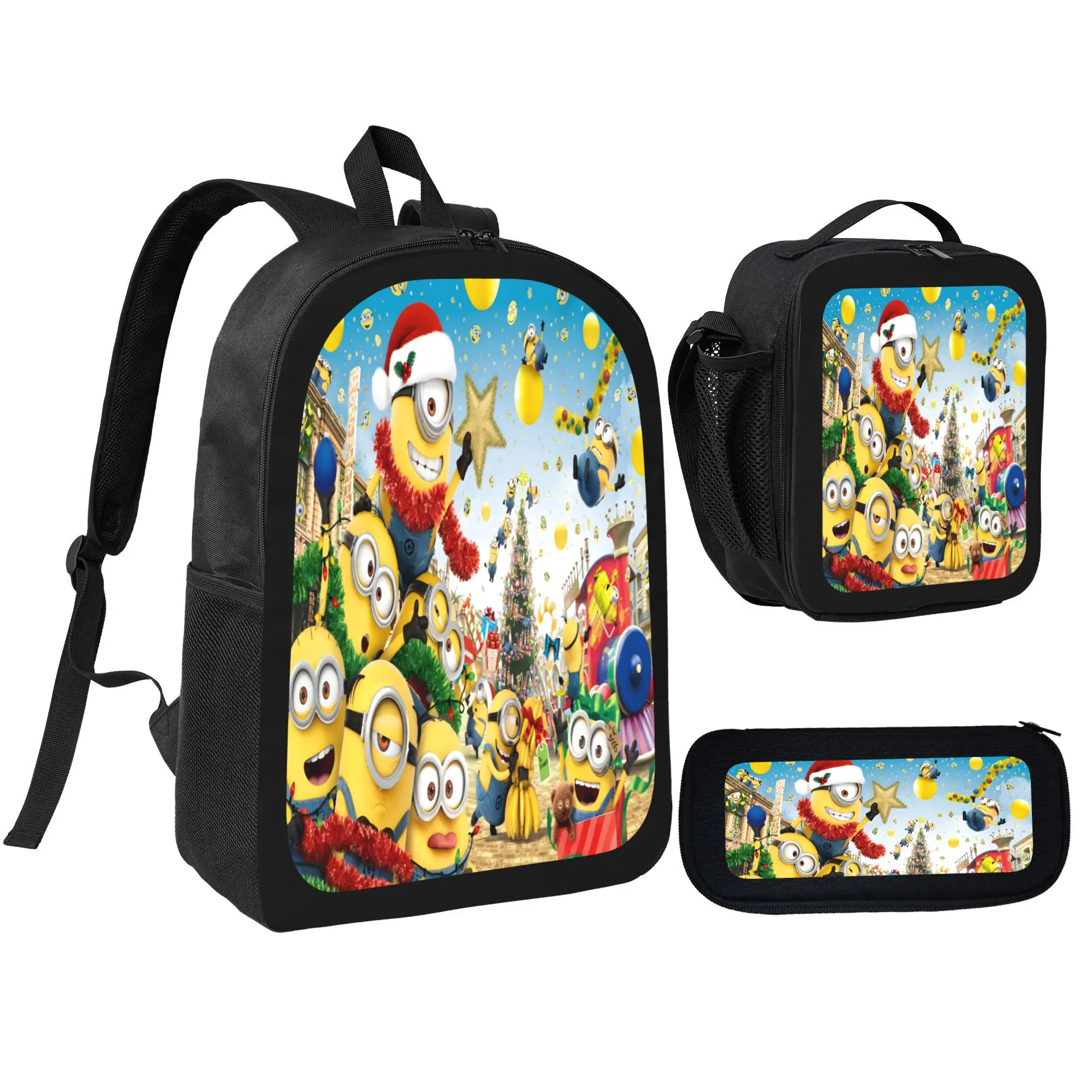 Min-ions Backpack Set - School Backpack, Pencil Bag, Insulated Lunch Box - Lightweight Durable Polyester for Daily School and Outdoor Trips