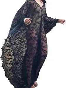 GRAJTCIN Plus Size Boho Lace Kaftan Dress Sheer Maxi Coverup for Women Breathable Bohemian Chic Lightweight Summer Beachwear
