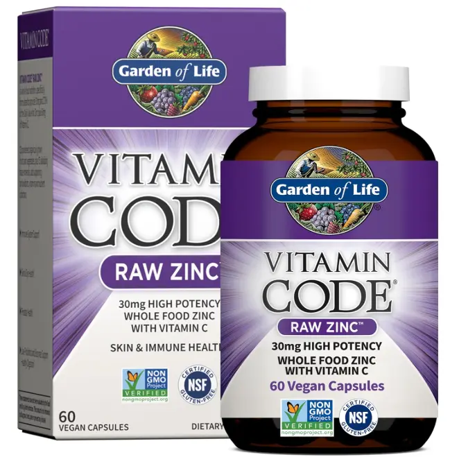 Garden of Life Zinc Supplements 30mg High Potency Raw Zinc and Vitamin C Multimineral Supplement, Vitamin Code Vitamins Trace Minerals & Probiotics for Skin Health & Immune Support, 60 Vegan Capsules